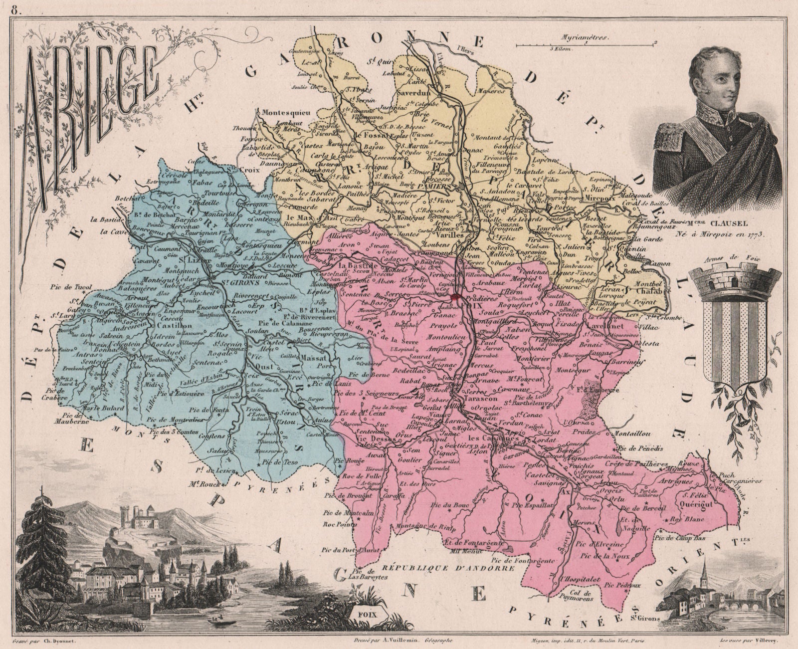 ARIÈGE. Département. Foix. Clausel. VUILLEMIN 1879 old antique map plan chart